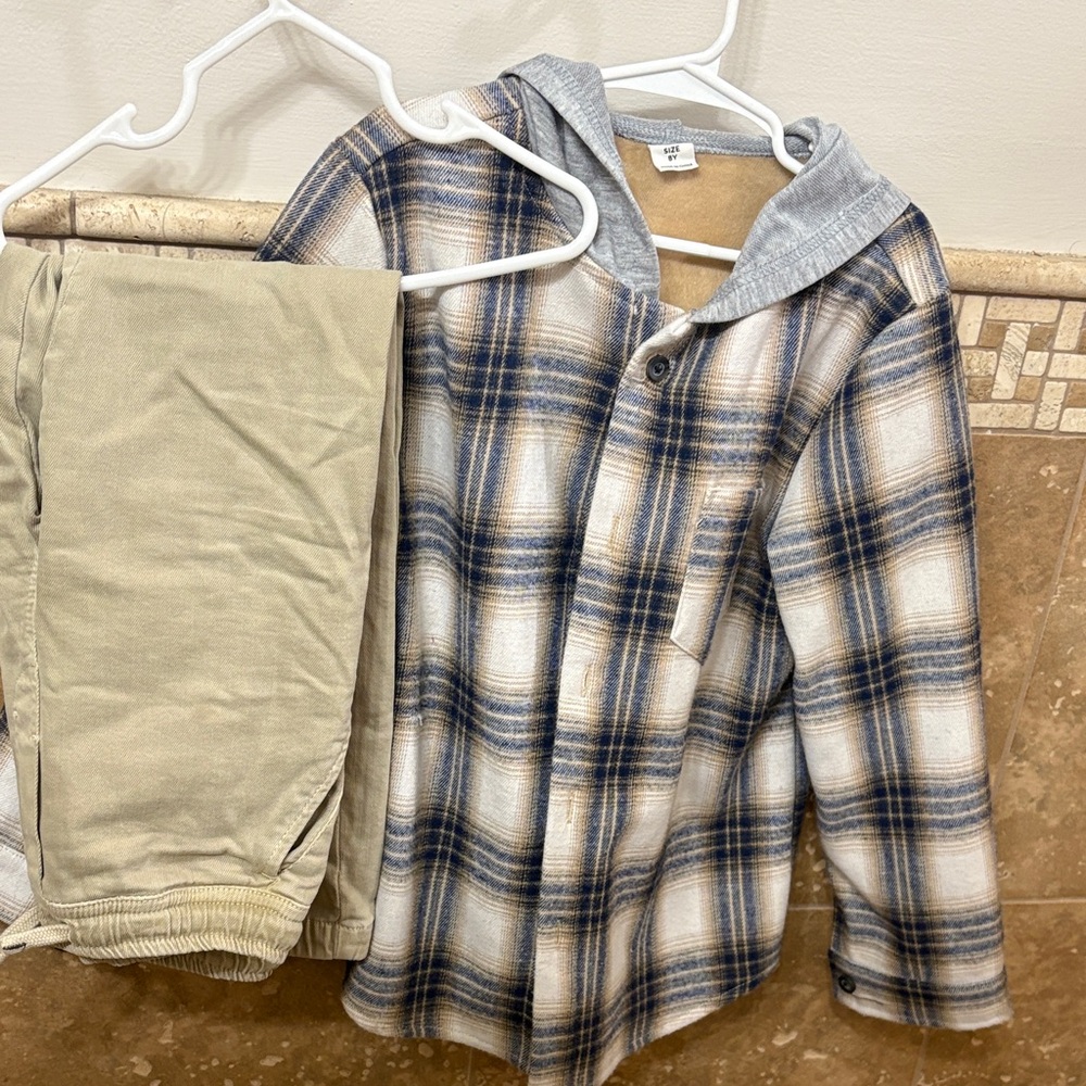 Kids Plaid Hoodie Set - Blue and Tan